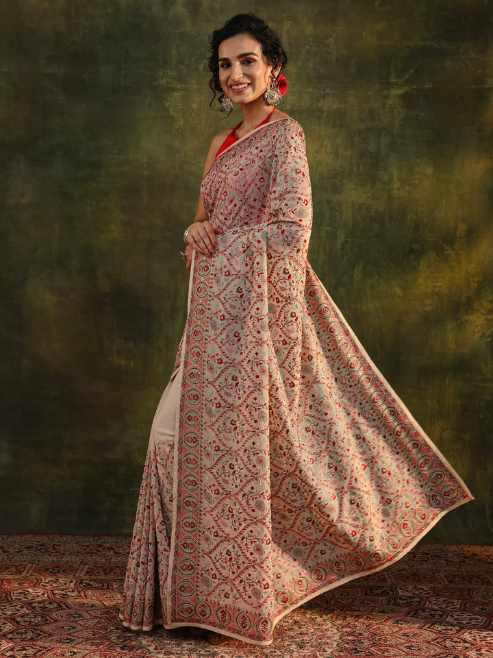 Libas Art Off White Jamawar Embroidered Georgette Saree With Unstitched Blouse Piece