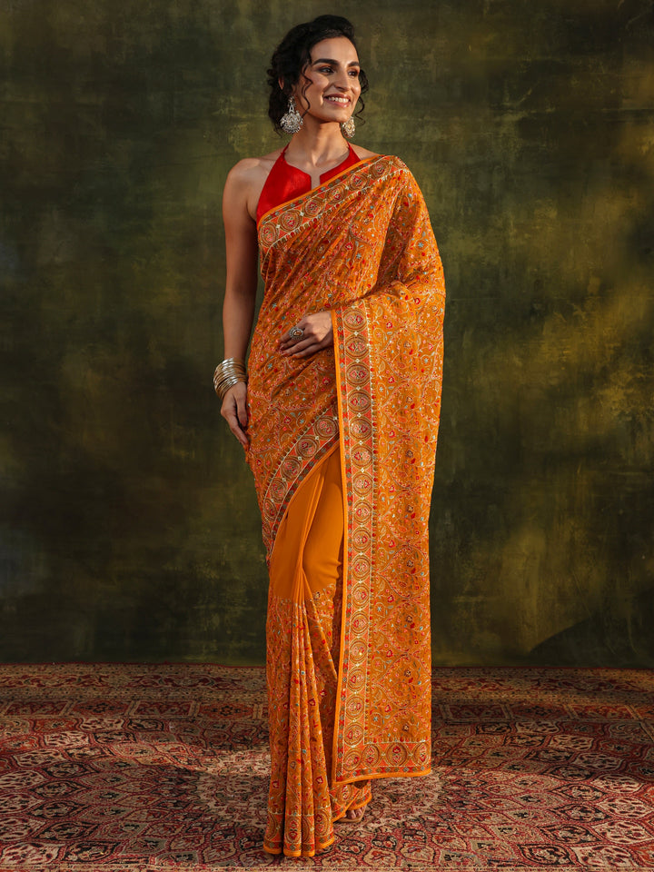 Libas Art Mustard Jamawar Embroidered Georgette Saree With Unstitched Blouse Piece