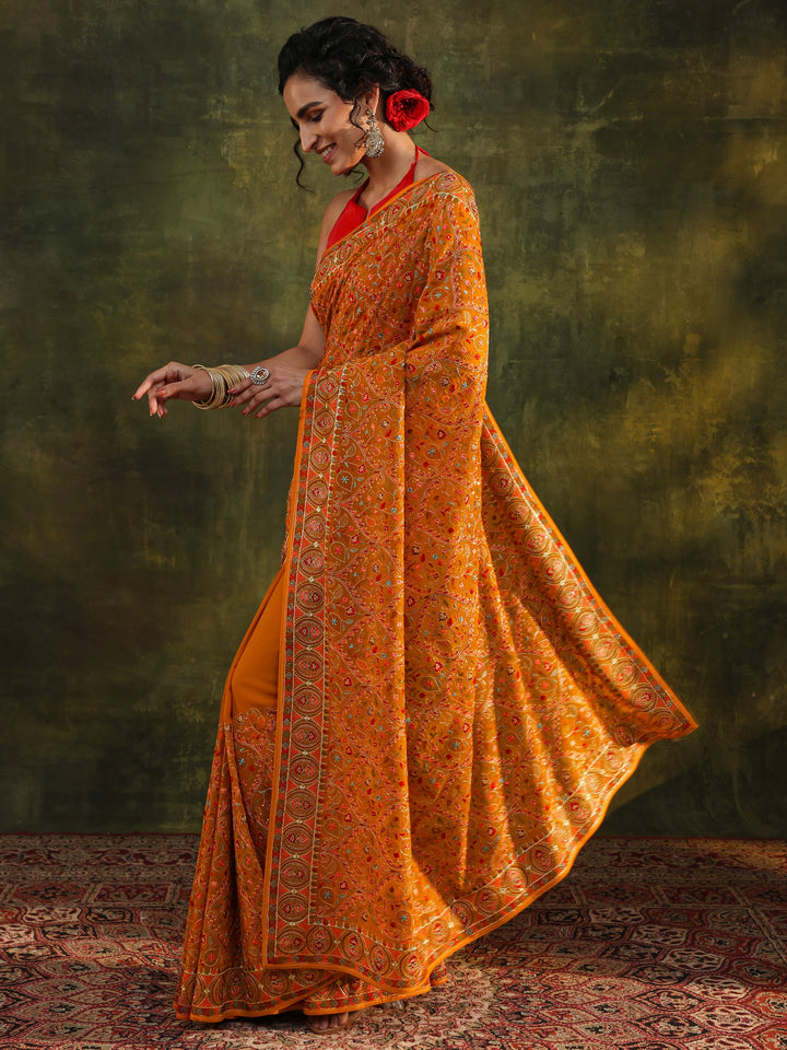 Libas Art Mustard Jamawar Embroidered Georgette Saree With Unstitched Blouse Piece