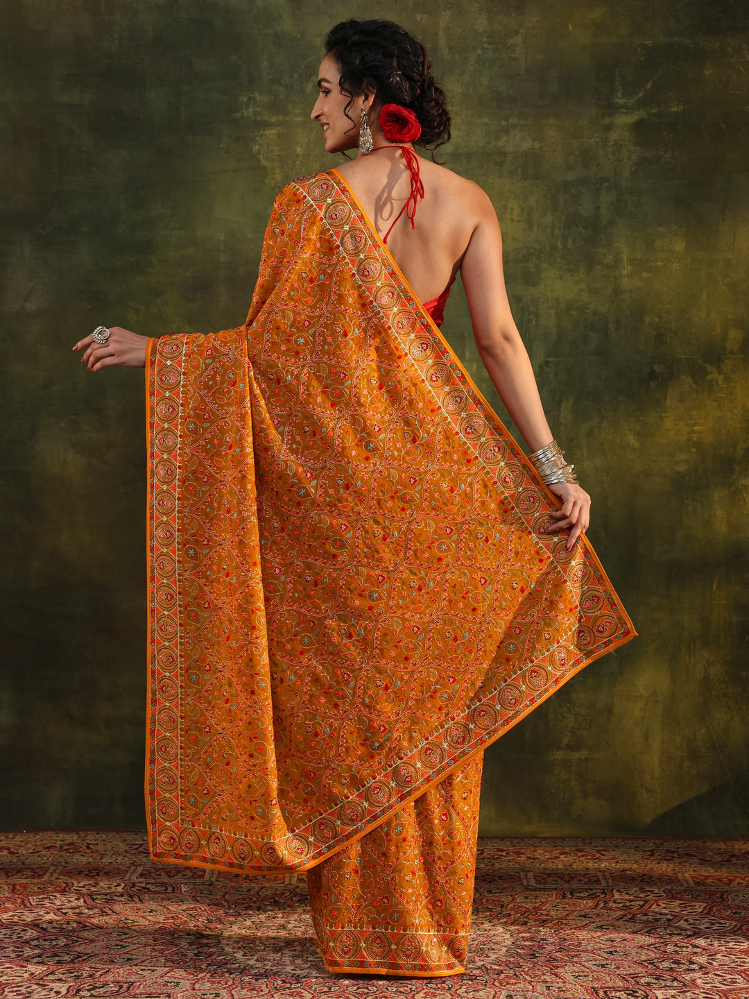 Libas Art Mustard Jamawar Embroidered Georgette Saree With Unstitched Blouse Piece