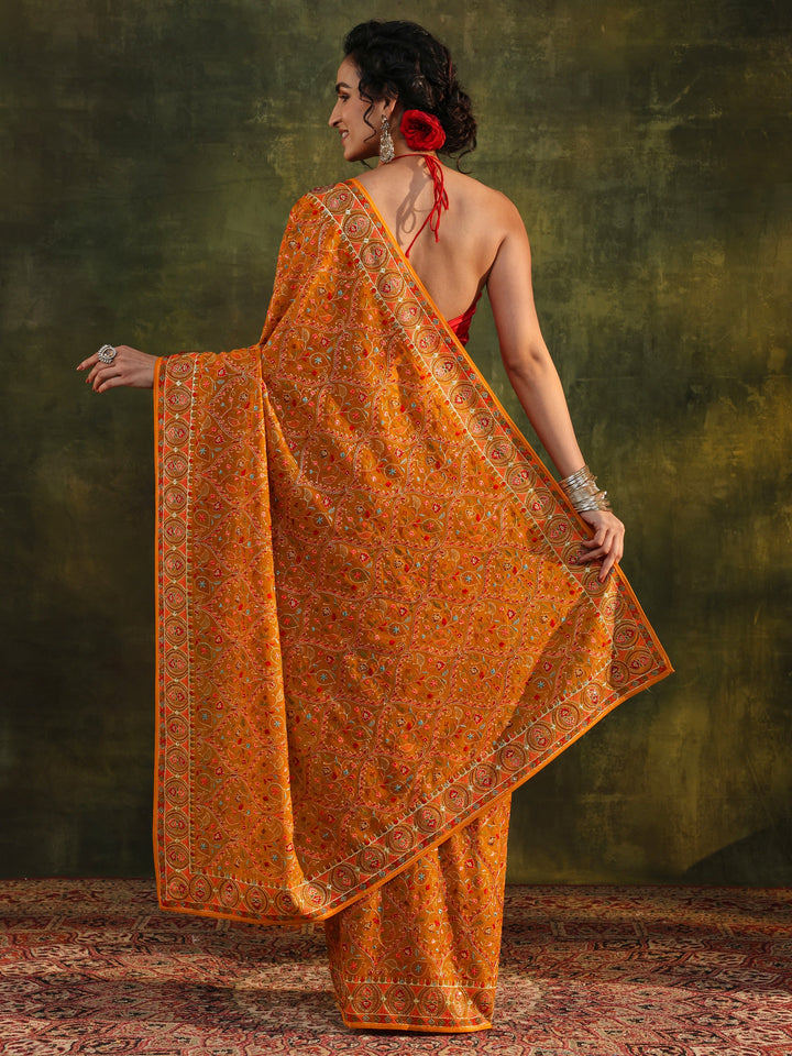 Libas Art Mustard Jamawar Embroidered Georgette Saree With Unstitched Blouse Piece