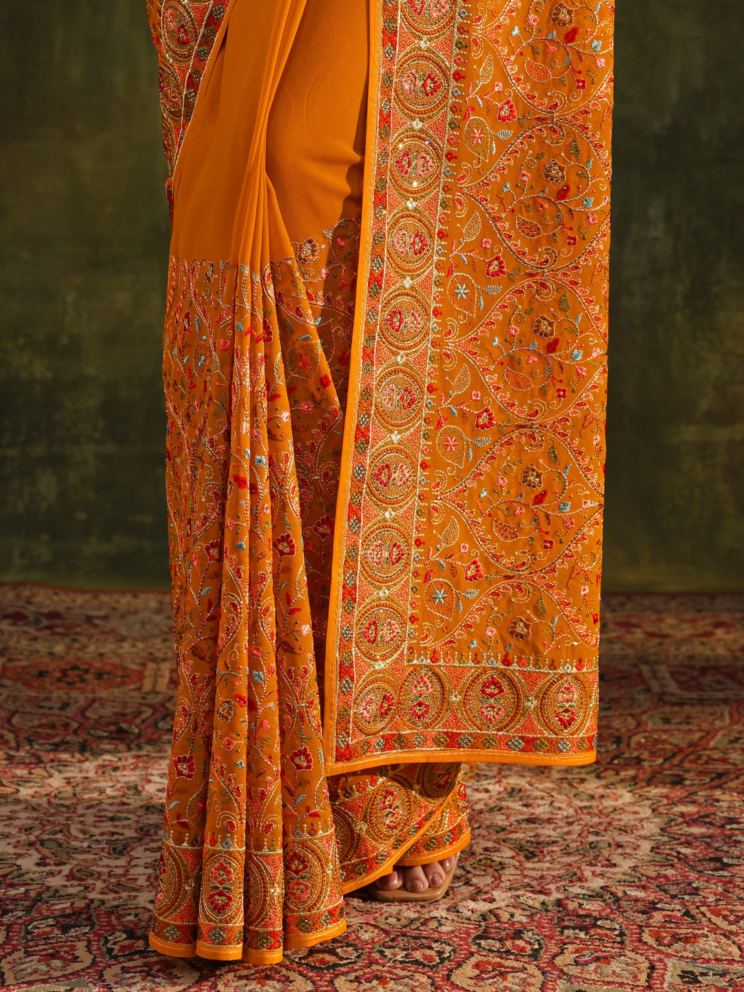 Libas Art Mustard Jamawar Embroidered Georgette Saree With Unstitched Blouse Piece