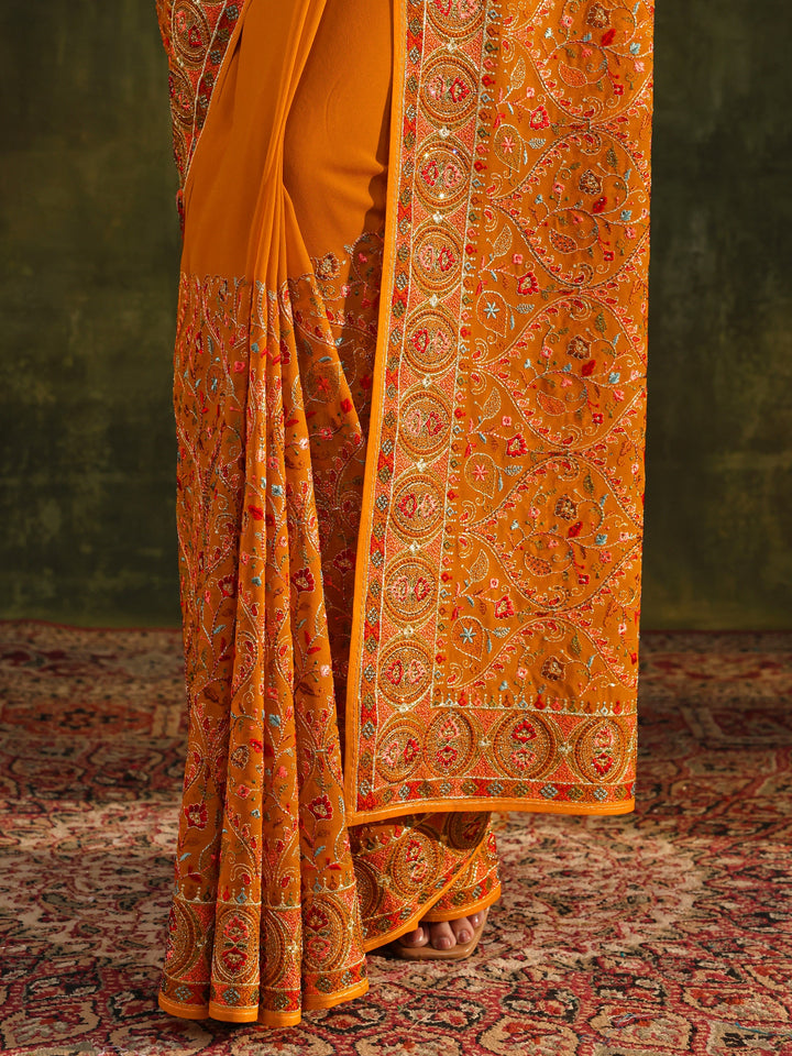 Libas Art Mustard Jamawar Embroidered Georgette Saree With Unstitched Blouse Piece