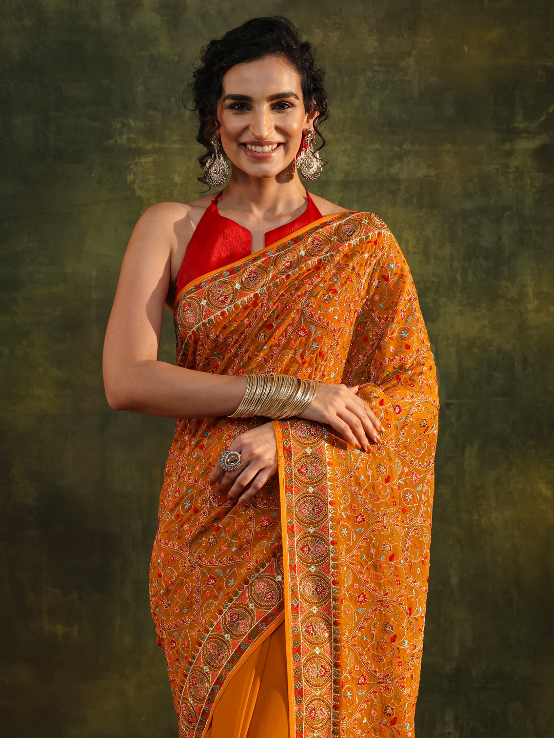 Libas Art Mustard Jamawar Embroidered Georgette Saree With Unstitched Blouse Piece