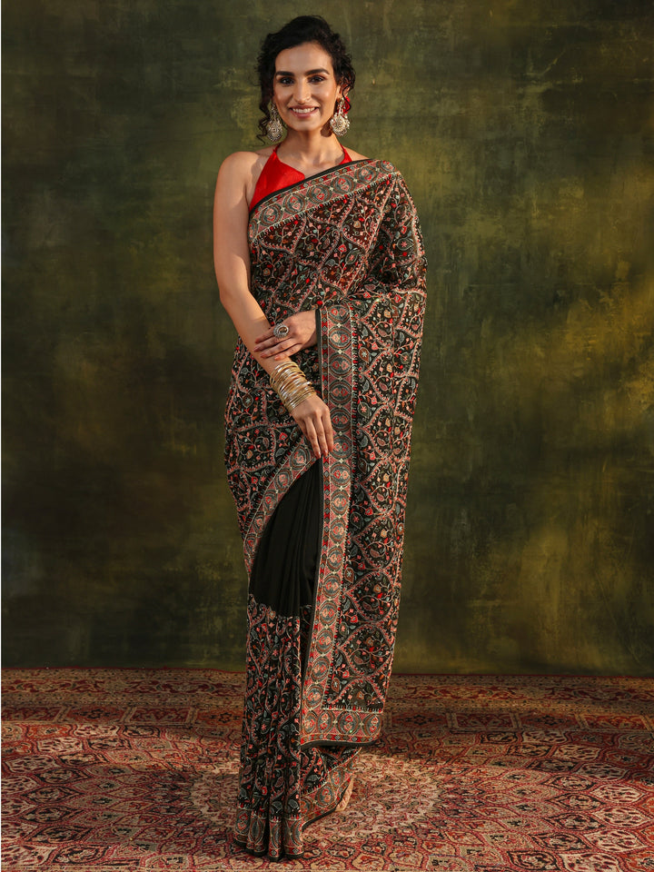 Libas Art Black Jamawar Embroidered Georgette Saree With Unstitched Blouse Piece