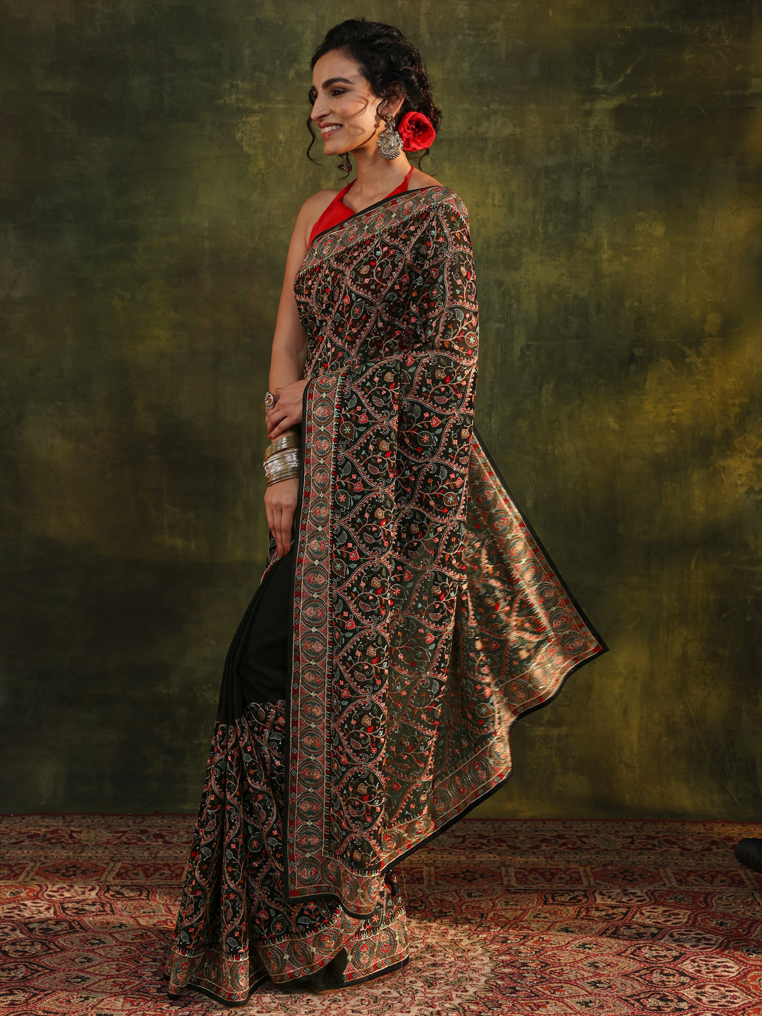 Libas Art Black Jamawar Embroidered Georgette Saree With Unstitched Blouse Piece