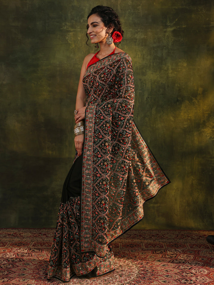 Libas Art Black Jamawar Embroidered Georgette Saree With Unstitched Blouse Piece