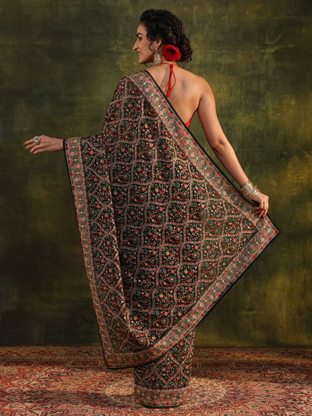 Libas Art Black Jamawar Embroidered Georgette Saree With Unstitched Blouse Piece