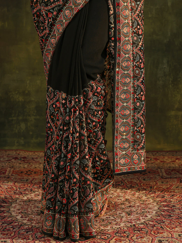 Libas Art Black Jamawar Embroidered Georgette Saree With Unstitched Blouse Piece