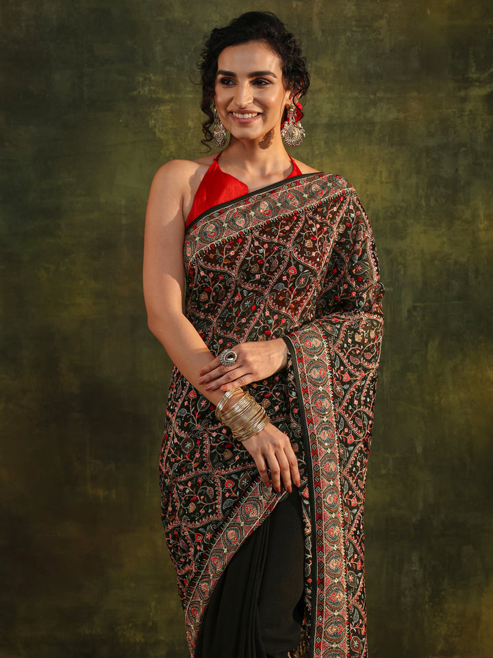 Libas Art Black Jamawar Embroidered Georgette Saree With Unstitched Blouse Piece