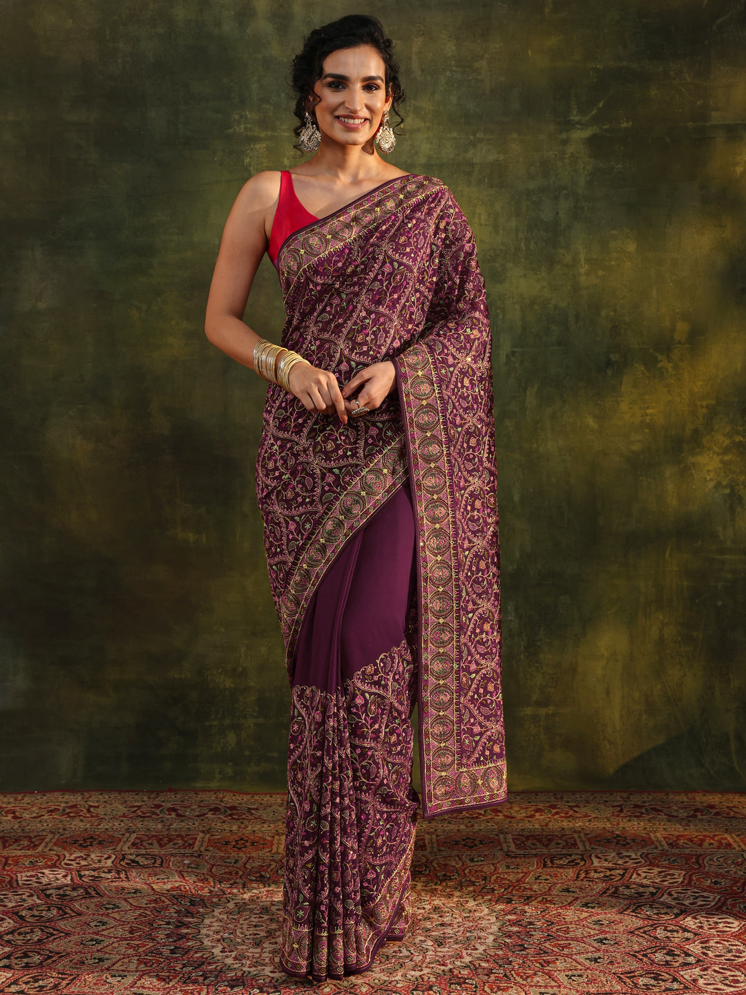 Libas Art Burgundy Jamawar Embroidered Georgette Saree With Unstitched Blouse Piece
