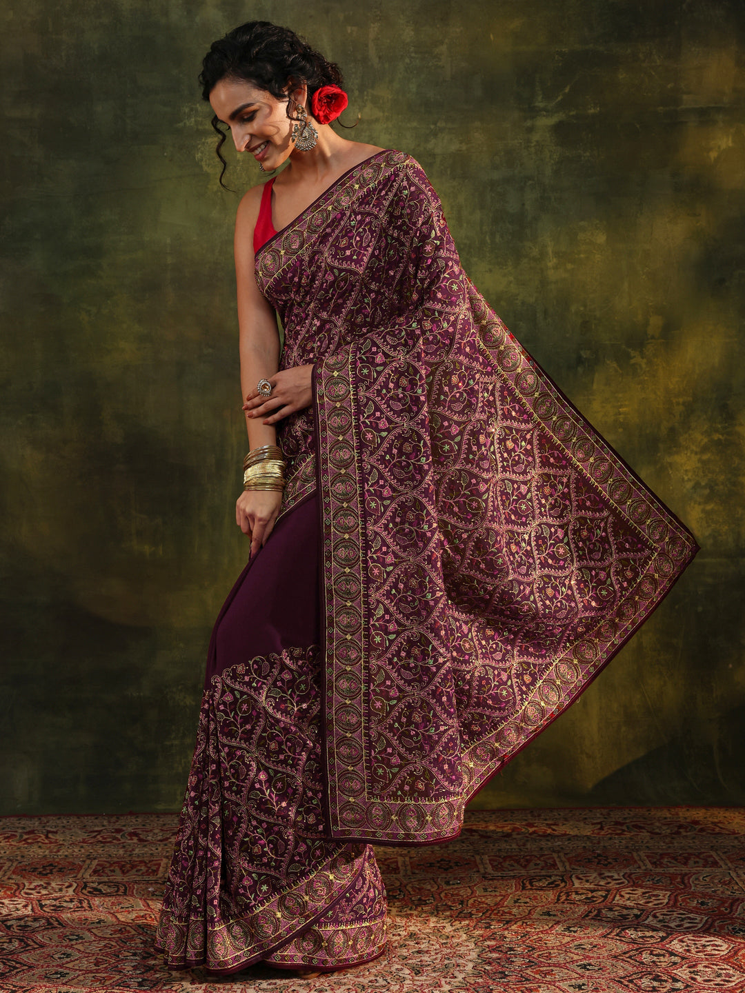 Libas Art Burgundy Jamawar Embroidered Georgette Saree With Unstitched Blouse Piece