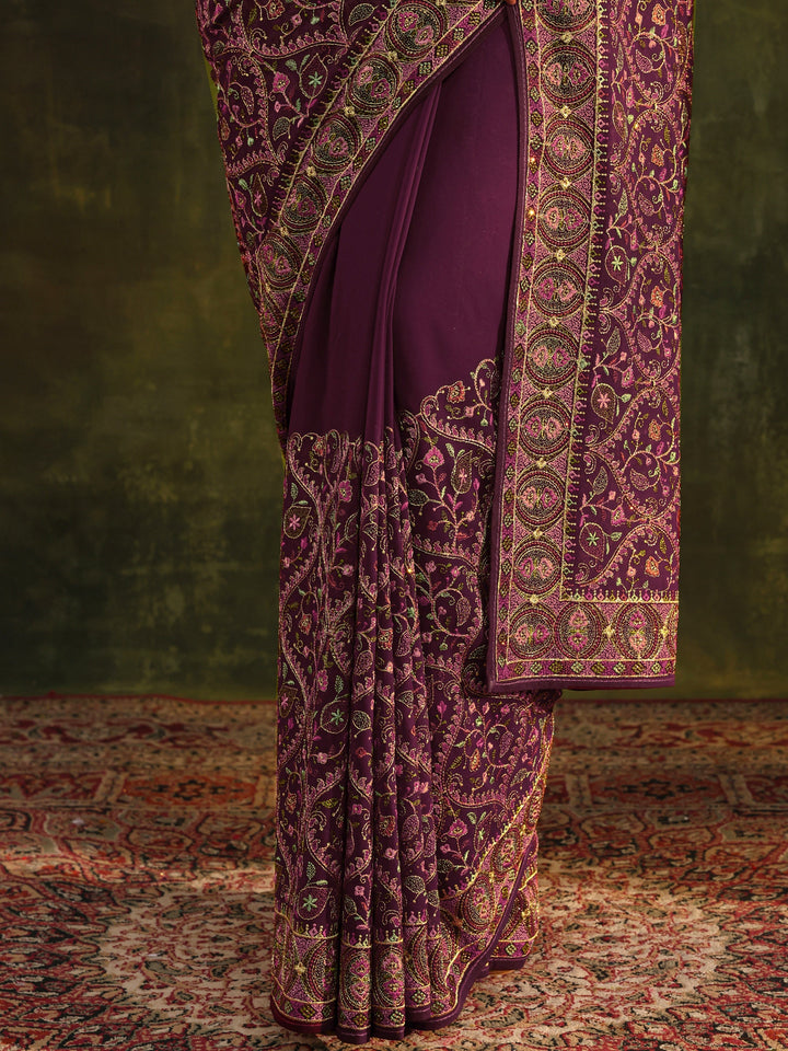 Libas Art Burgundy Jamawar Embroidered Georgette Saree With Unstitched Blouse Piece
