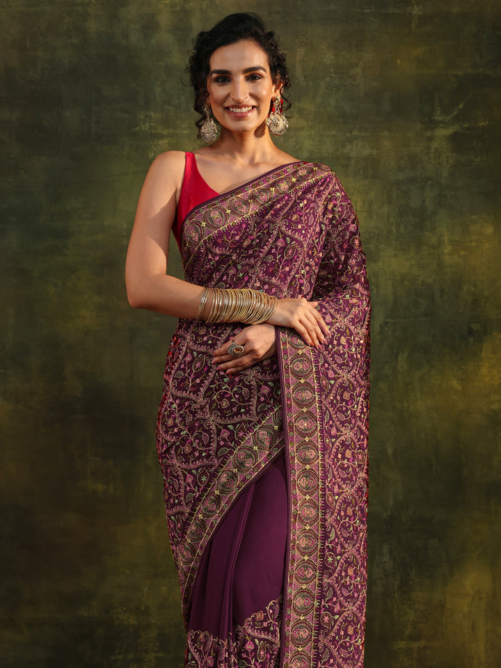 Libas Art Burgundy Jamawar Embroidered Georgette Saree With Unstitched Blouse Piece