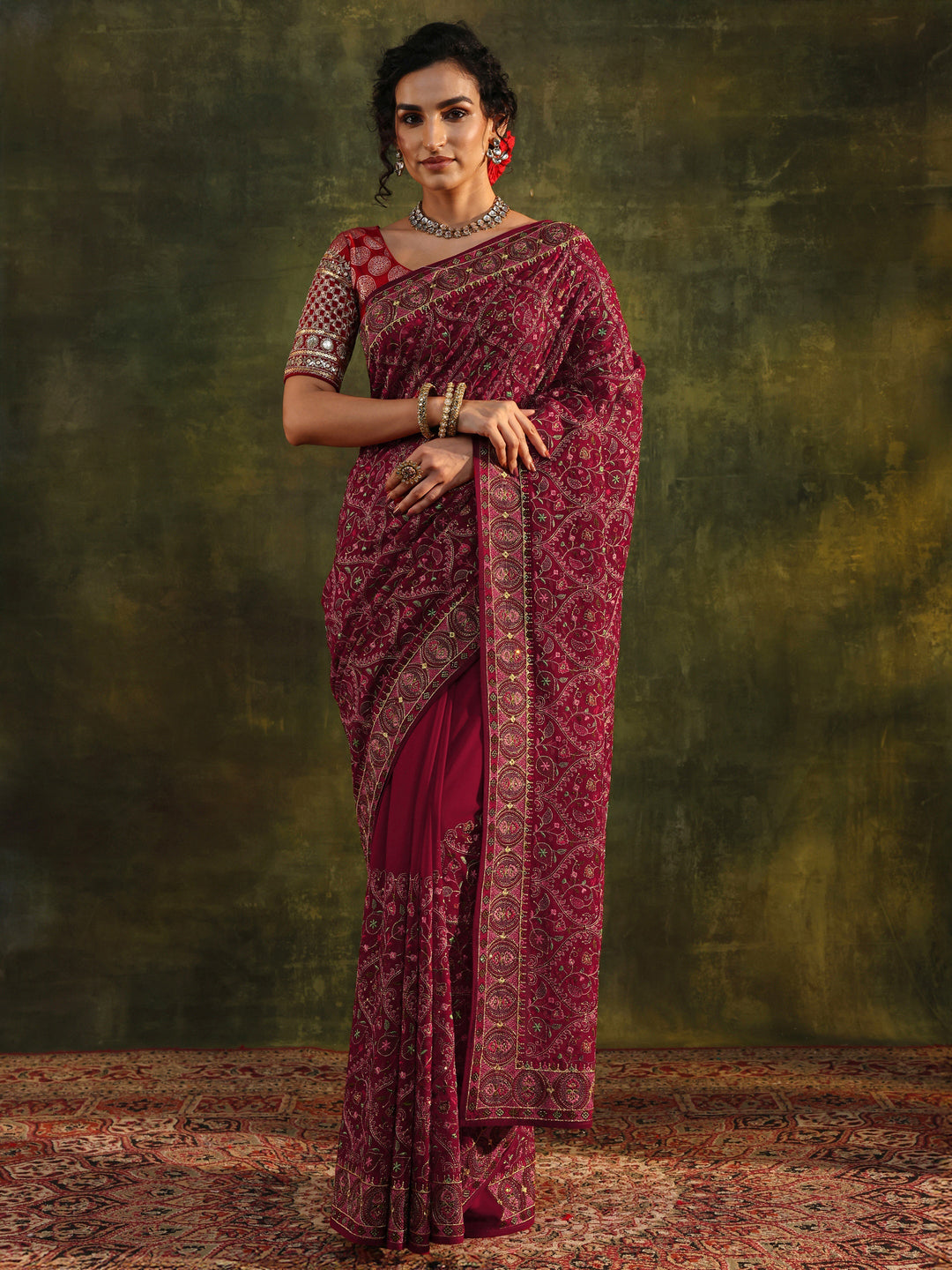 Libas Art Red Jamawar Embroidered Georgette Saree With Unstitched Blouse Piece
