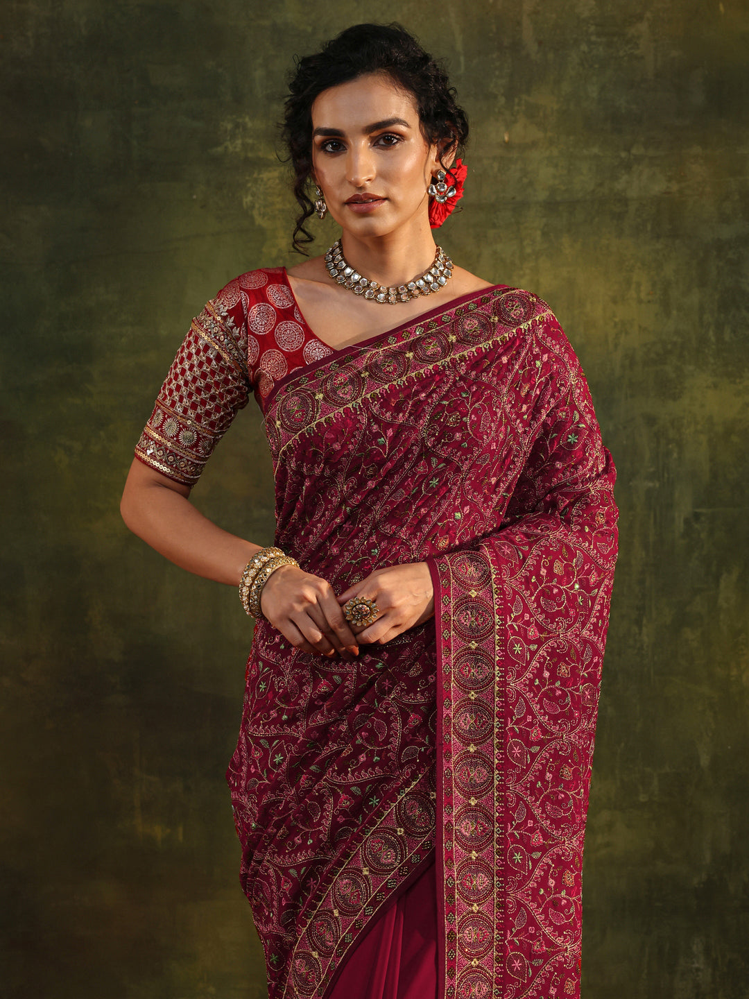 Libas Art Red Jamawar Embroidered Georgette Saree With Unstitched Blouse Piece