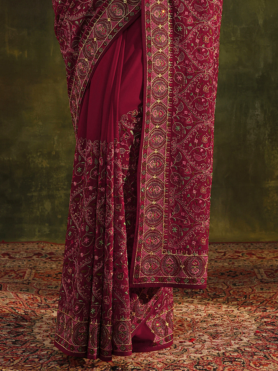 Libas Art Red Jamawar Embroidered Georgette Saree With Unstitched Blouse Piece