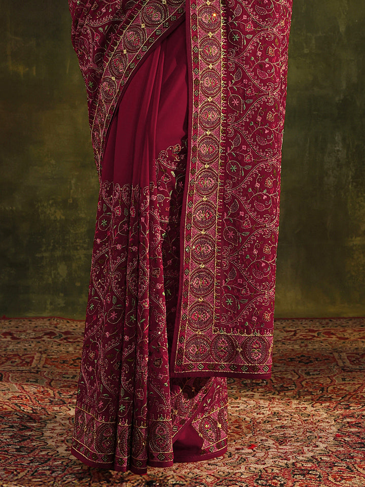 Libas Art Red Jamawar Embroidered Georgette Saree With Unstitched Blouse Piece