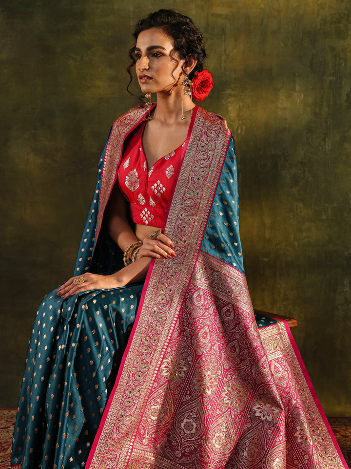 Teal Woven Design Silk Blend Banarasi Saree With Unstitched Blouse Piece