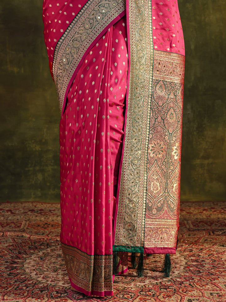 Pink Woven Design Silk Blend Banarasi Saree With Unstitched Blouse Piece
