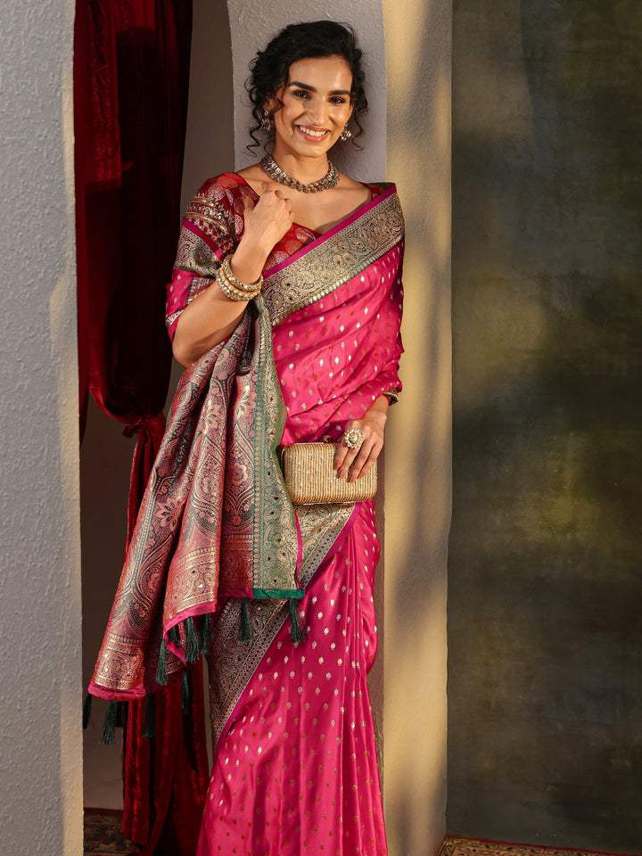 Pink Woven Design Silk Blend Banarasi Saree With Unstitched Blouse Piece
