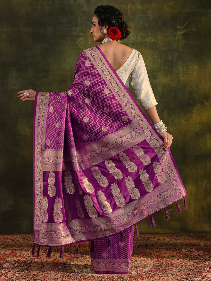 Purple Woven Design Silk Blend Banarasi Saree With Unstitched Blouse Piece