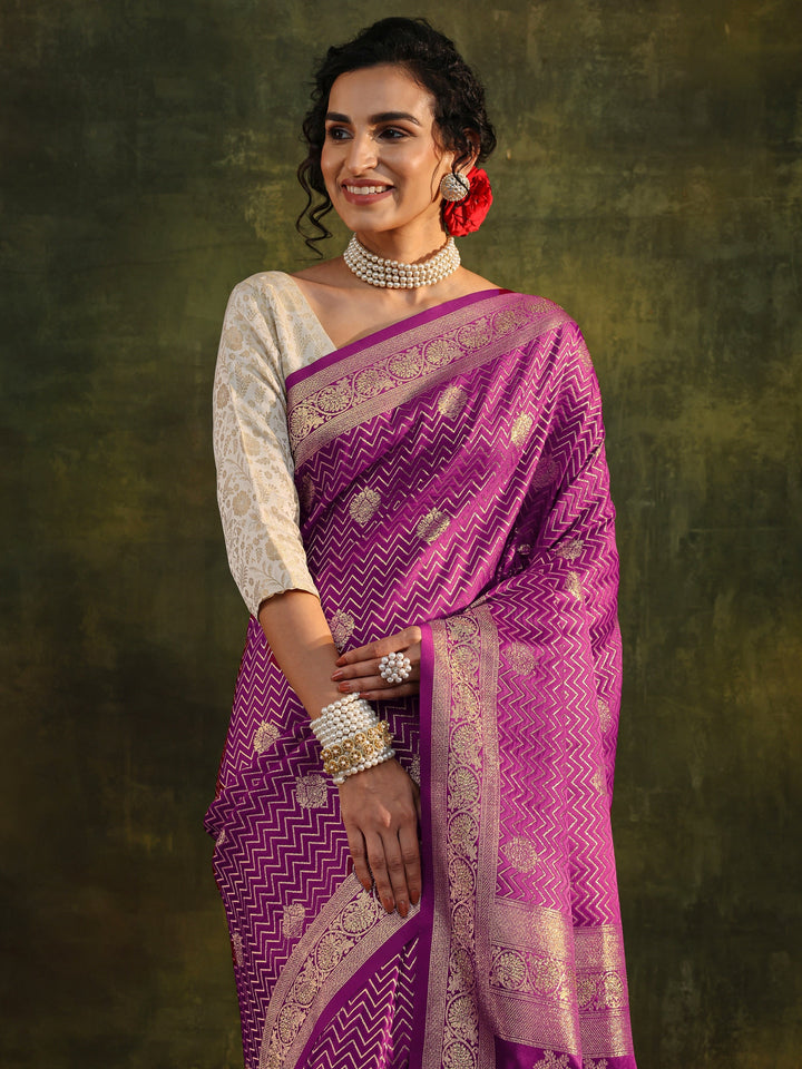 Purple Woven Design Silk Blend Banarasi Saree With Unstitched Blouse Piece