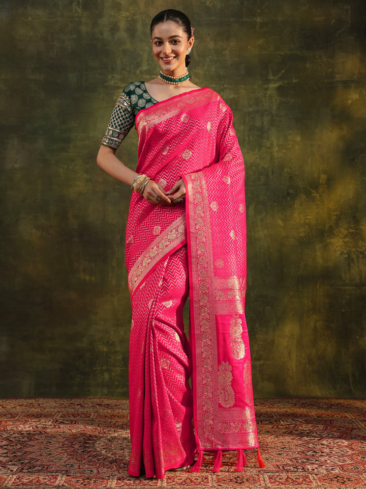 Pink Woven Design Silk Blend Banarasi Saree With Unstitched Blouse Piece