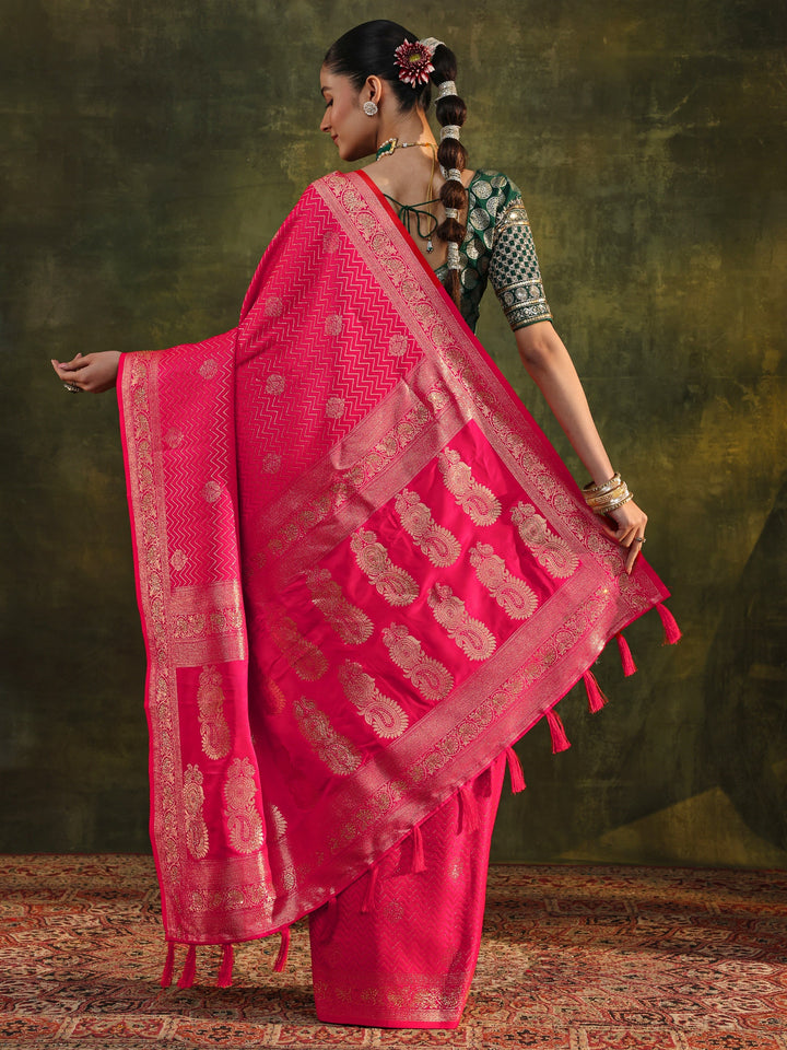 Pink Woven Design Silk Blend Banarasi Saree With Unstitched Blouse Piece