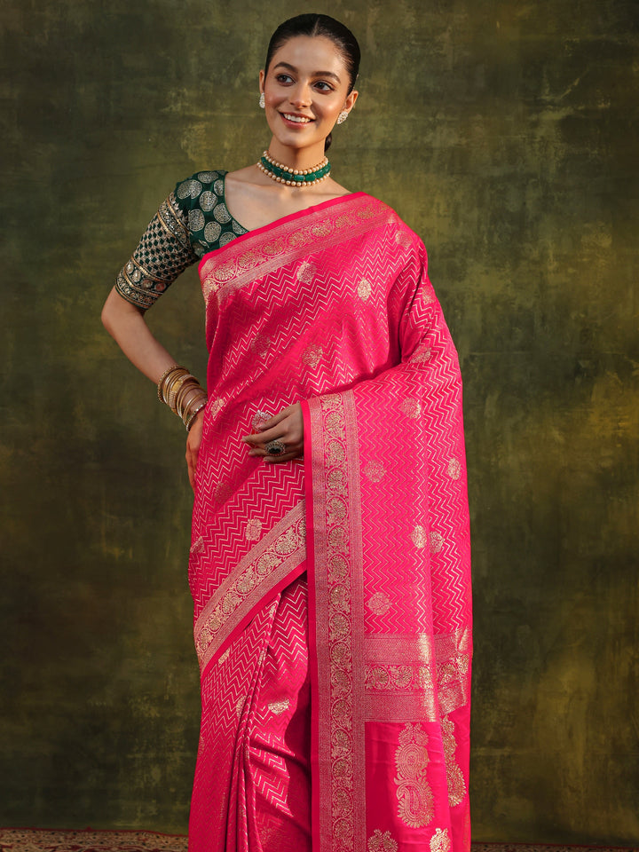 Pink Woven Design Silk Blend Banarasi Saree With Unstitched Blouse Piece