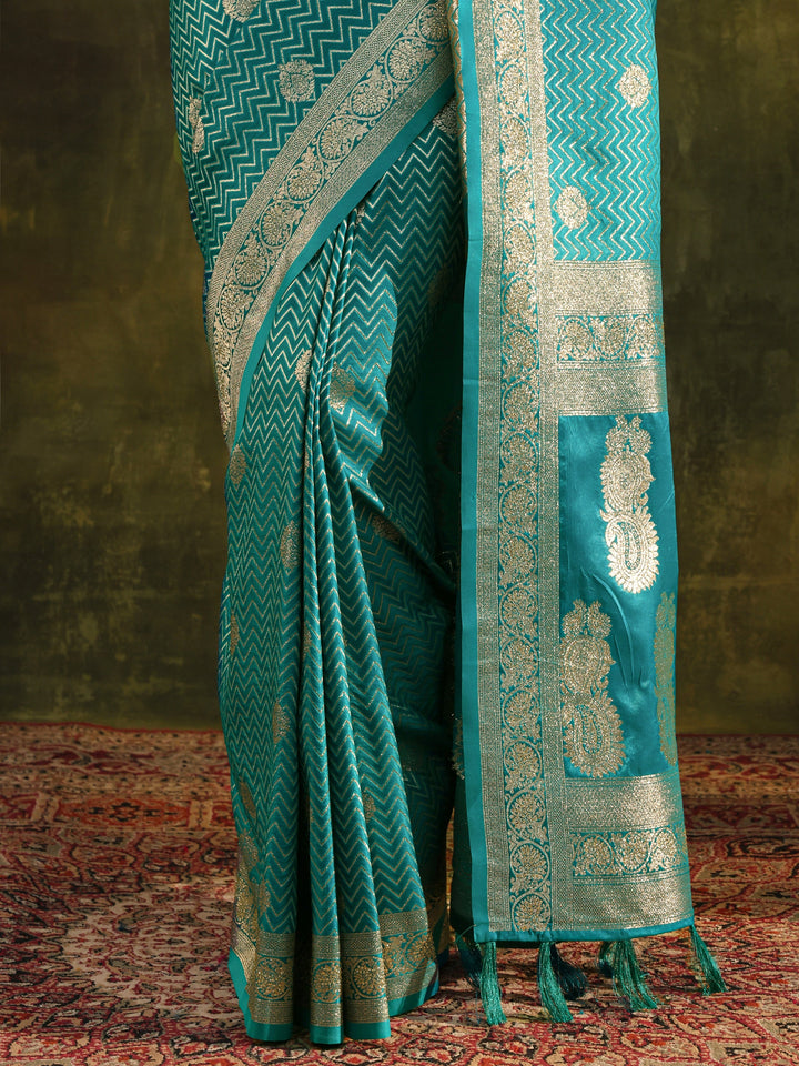 Blue Woven Design Silk Blend Banarasi Saree With Unstitched Blouse Piece