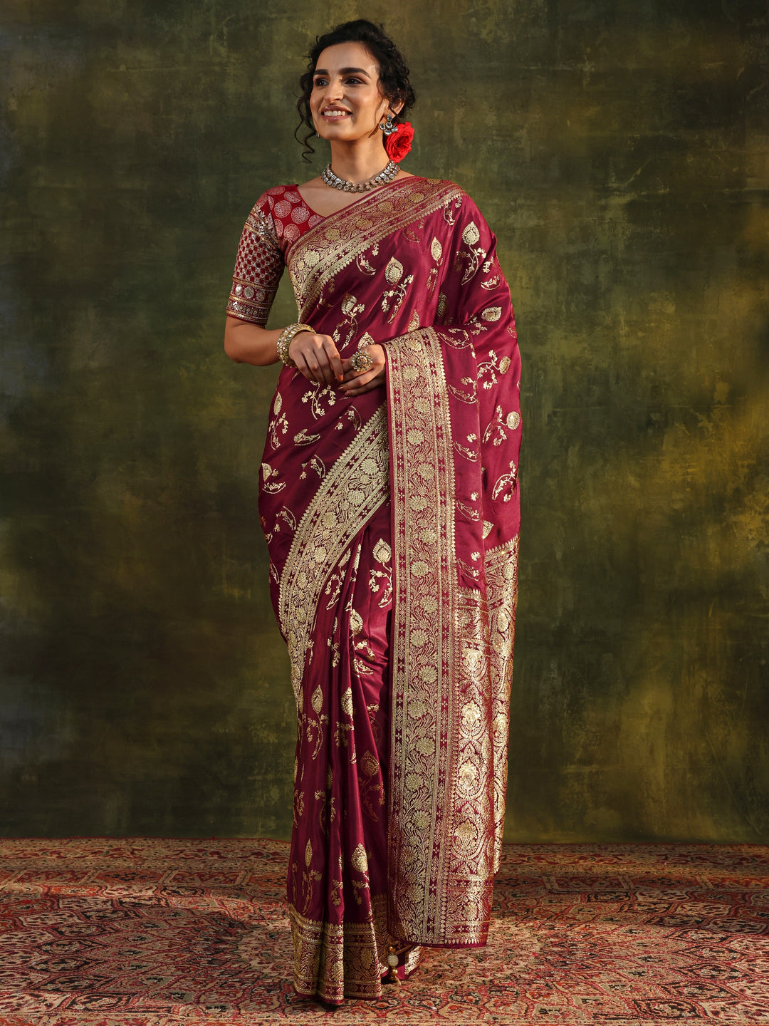 Libas Art Maroon Woven Design Silk Blend Banarasi Saree With Unstitched Blouse Piece