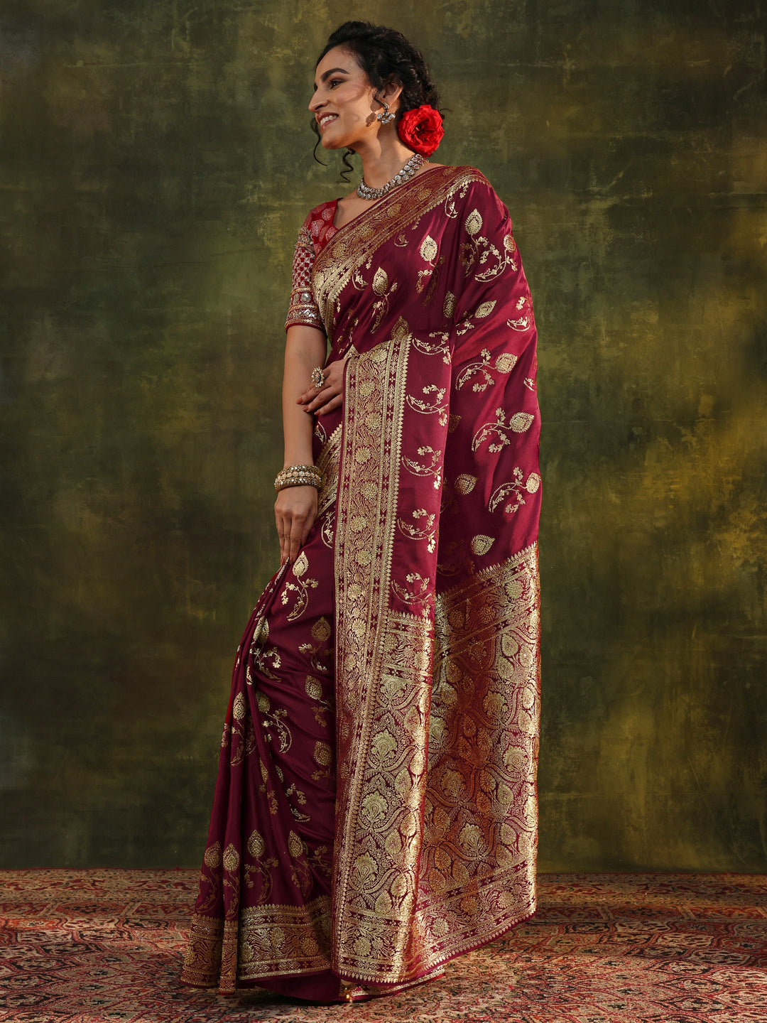 Libas Art Maroon Woven Design Silk Blend Banarasi Saree With Unstitched Blouse Piece