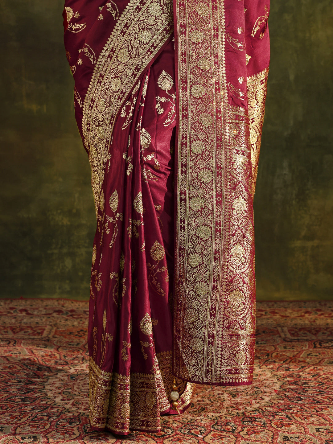 Libas Art Maroon Woven Design Silk Blend Banarasi Saree With Unstitched Blouse Piece