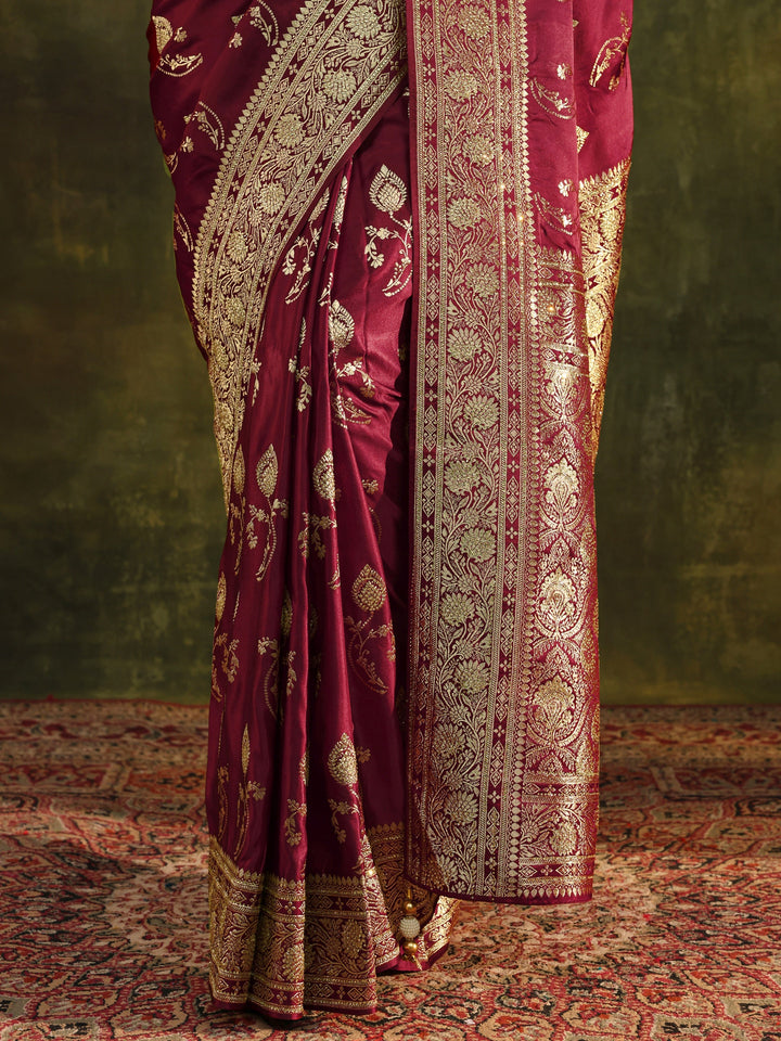 Libas Art Maroon Woven Design Silk Blend Banarasi Saree With Unstitched Blouse Piece