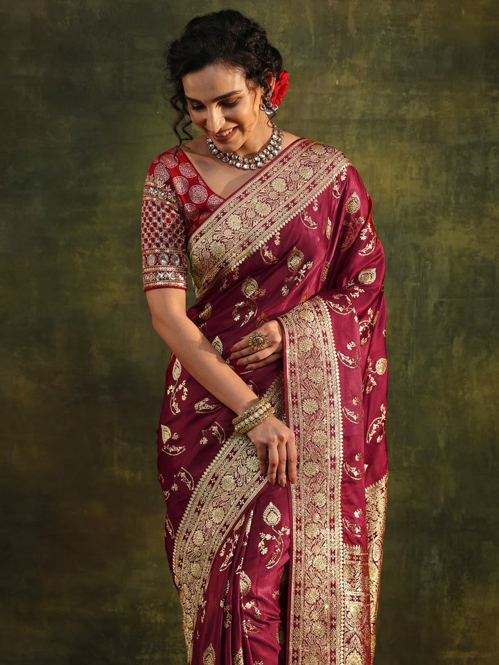 Libas Art Maroon Woven Design Silk Blend Banarasi Saree With Unstitched Blouse Piece