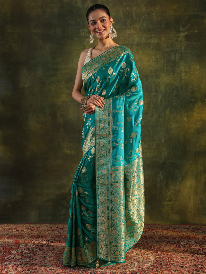 Libas Art Green Woven Design Satin Banarasi Saree With Unstitched Blouse Piece