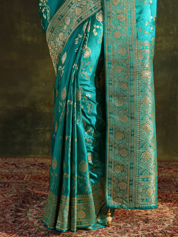 Libas Art Green Woven Design Satin Banarasi Saree With Unstitched Blouse Piece