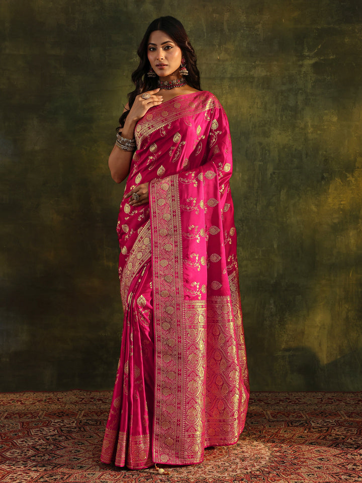 Libas Art Pink Banarasi Satin Saree With Unstitched Blouse Piece