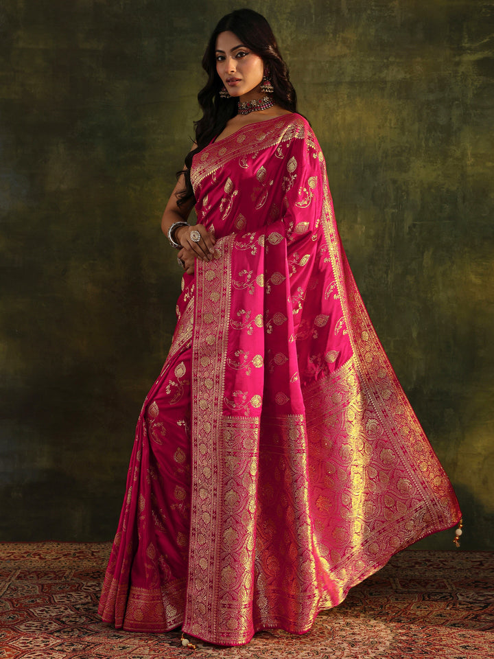 Libas Art Pink Banarasi Satin Saree With Unstitched Blouse Piece