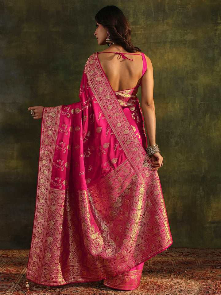 Libas Art Pink Banarasi Satin Saree With Unstitched Blouse Piece