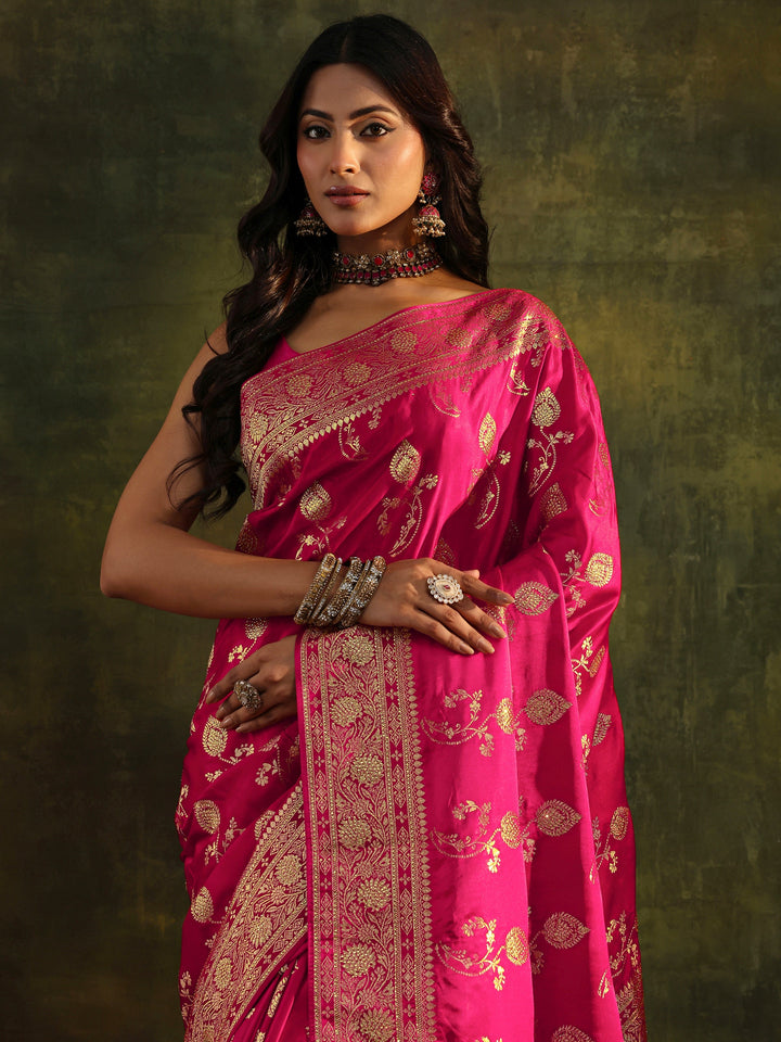 Libas Art Pink Banarasi Satin Saree With Unstitched Blouse Piece