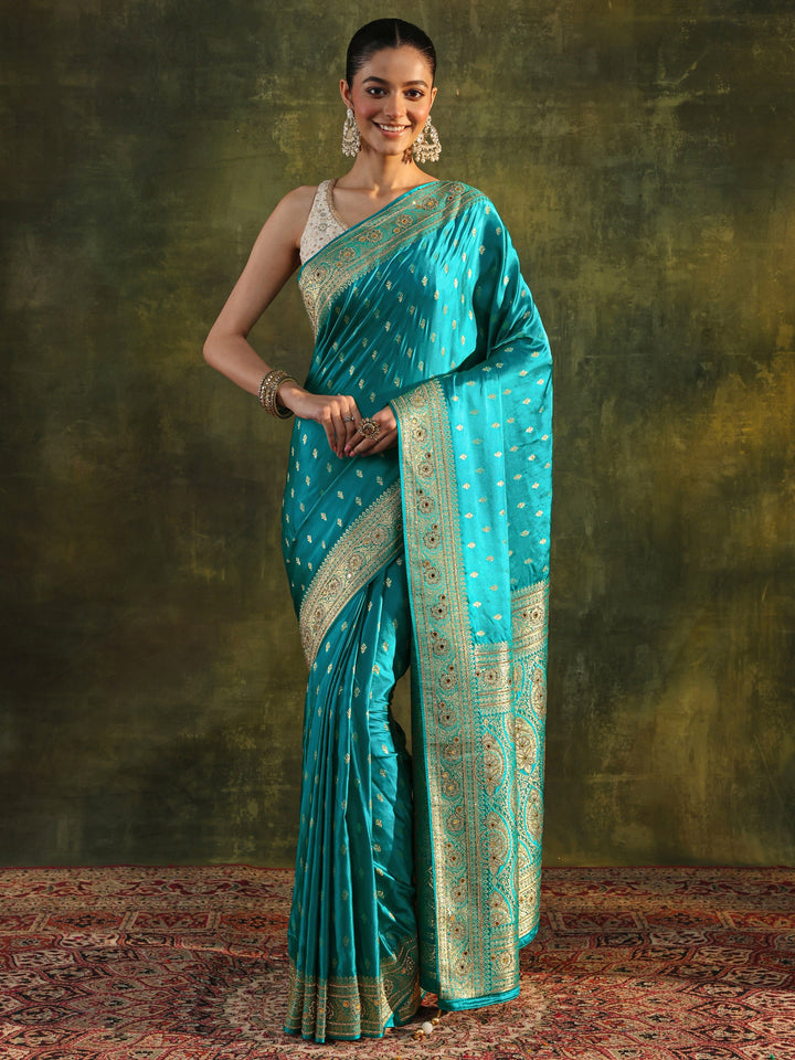 Libas Art Blue Woven Design Satin Banarasi Saree With Unstitched Blouse Piece