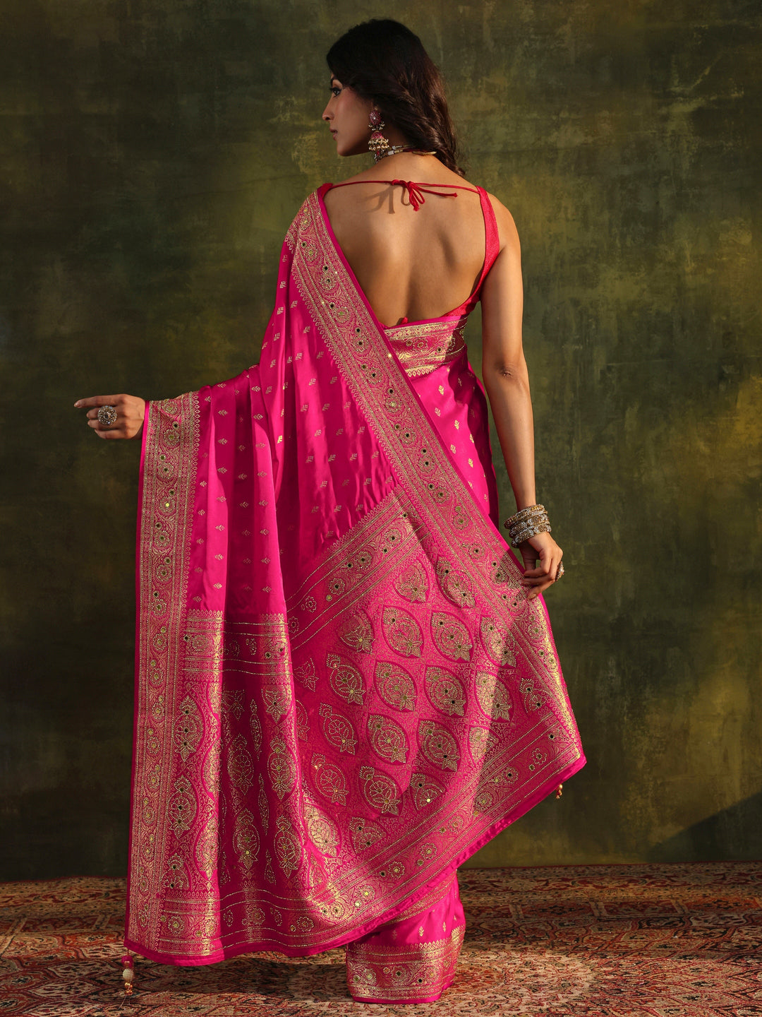 Libas Art Pink Embellished Satin Saree With Unstitched Blouse Piece