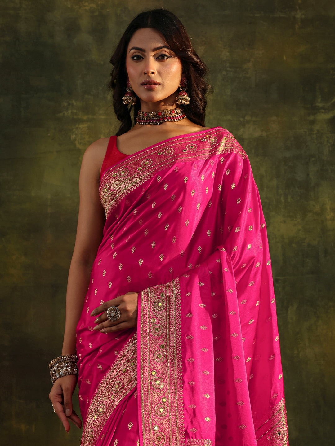 Libas Art Pink Embellished Satin Saree With Unstitched Blouse Piece