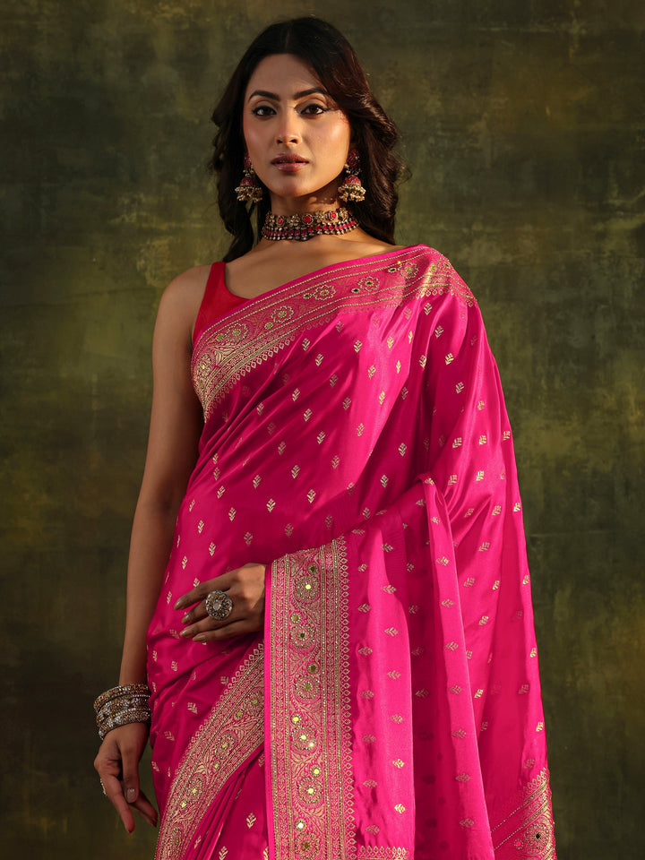 Libas Art Pink Embellished Satin Saree With Unstitched Blouse Piece