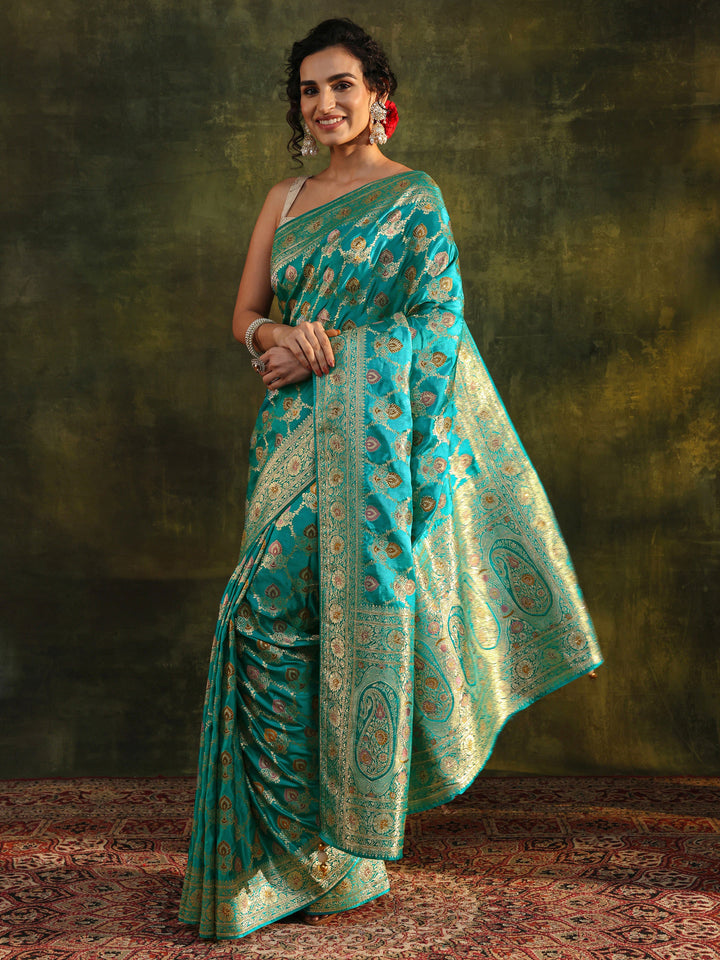 Libas Art Green Woven Design Silk Blend Banarasi Saree With Unstitched Blouse Piece