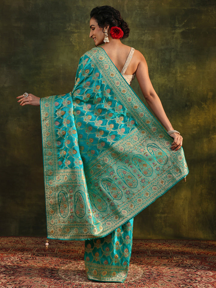 Libas Art Green Woven Design Silk Blend Banarasi Saree With Unstitched Blouse Piece