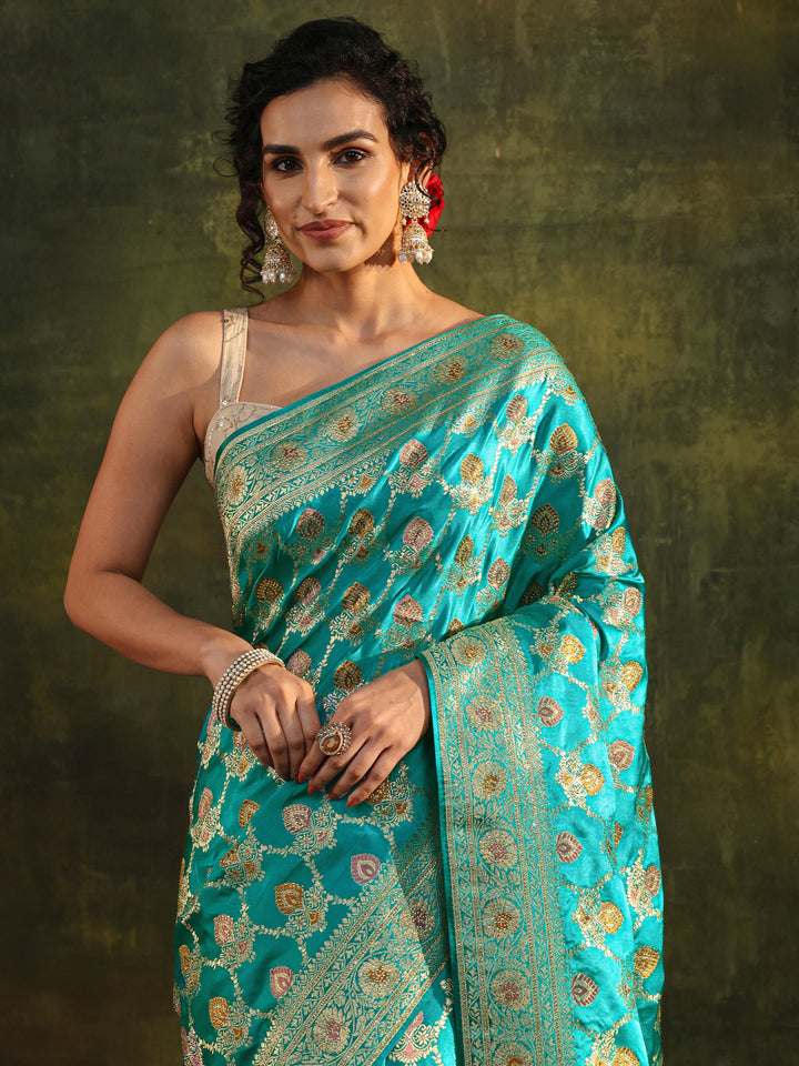 Libas Art Green Woven Design Silk Blend Banarasi Saree With Unstitched Blouse Piece
