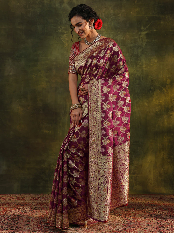Libas Art Maroon Woven Design Silk Blend Banarasi Saree With Unstitched Blouse Piece